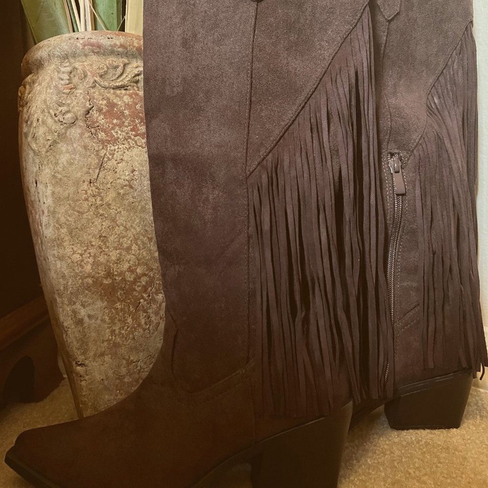 Fashion Nova Brown Heeled Boots With Fringe Detail